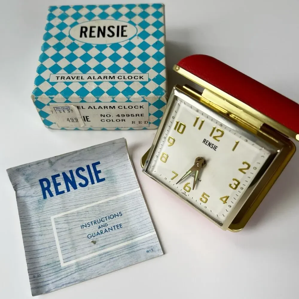 Vintage 1950s‎ Rensie Red Travel Alarm Clock Japan Brass Folding Case Working